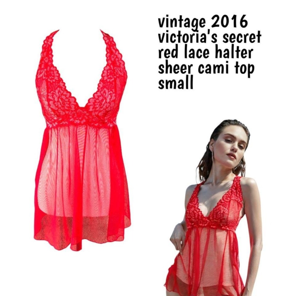 vintage victoria's secret 2016 red lace halter mesh sheer cami small.